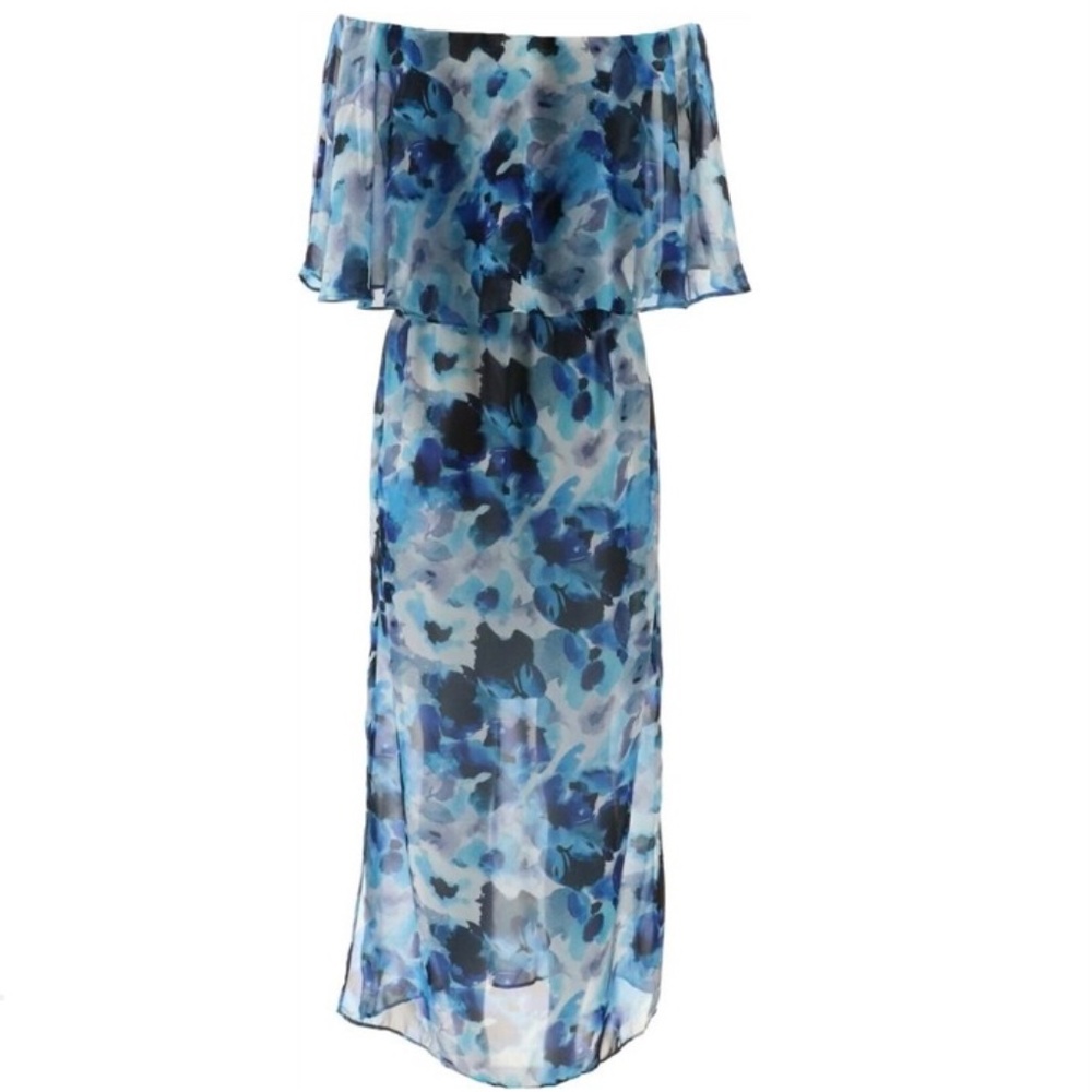 New Women's Maxi Dress Off Shoulder Flutter Pull On Coleen Lopez Blue Floral XS